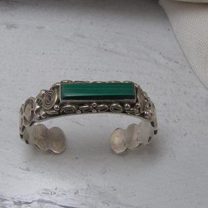 Malachite Hand Stamped Southwestern Sterling Silver Cuff Braclelet